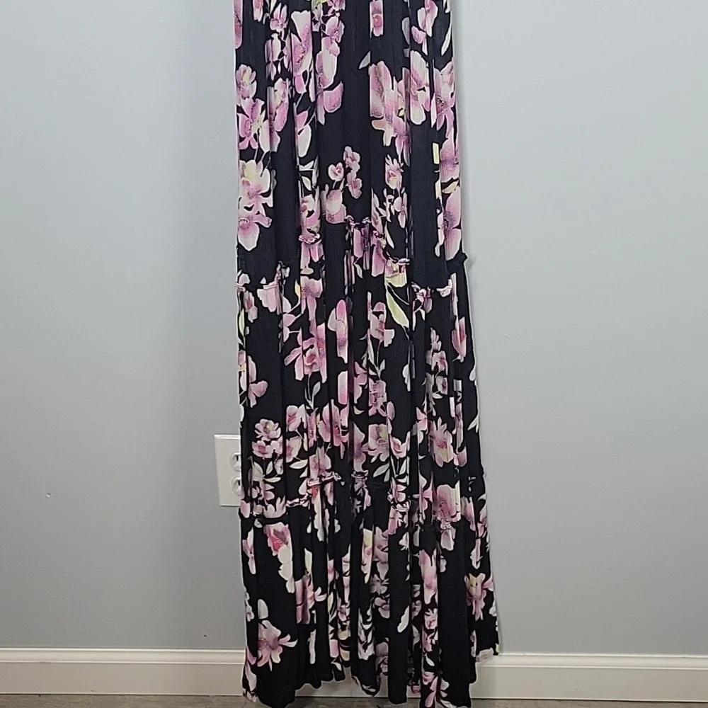 Free People Black Floral Smocked Maxi tiered Dress Long ties on shoulder